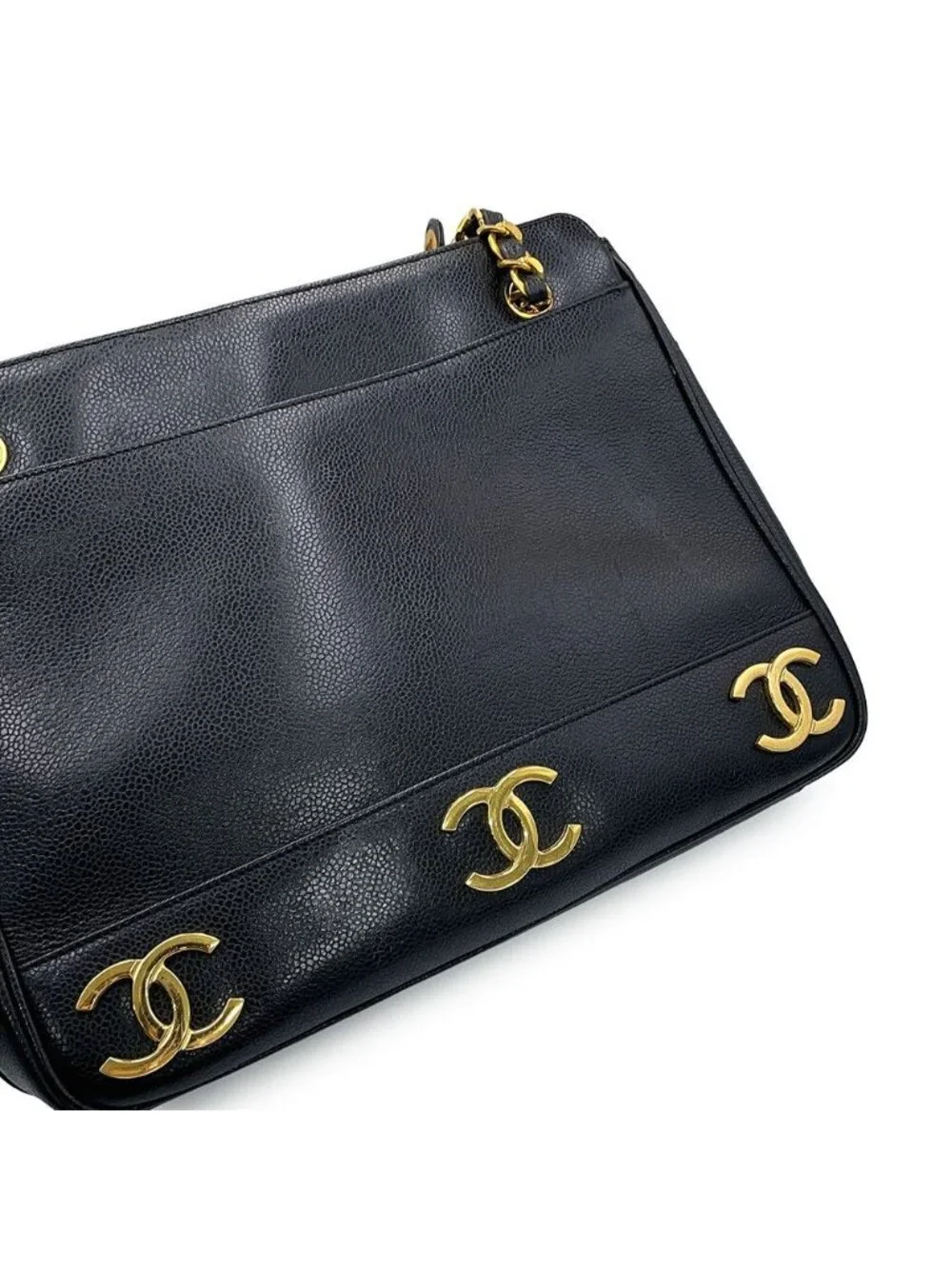 Chanel Chain Tote Triple CC Logo Caviar Leather Black